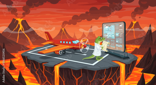 Lizard Scientist Analyzing Airplane Data on Volcanic Island Platform.