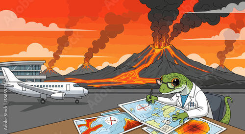 Lizard Scientist Analyzing Volcano Eruption Impact on Air Travel.