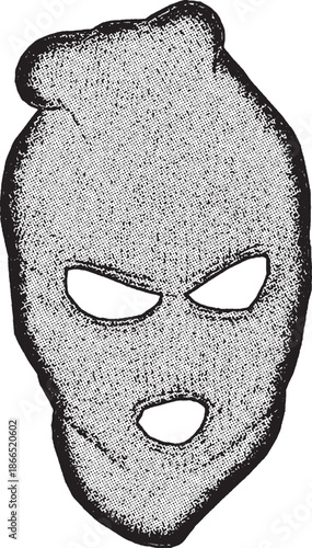 Vintage Knitted Balaclava Mask Illustration, a three-hole knitted balaclava or ski mask. The graphic features a heavy stippled texture, suitable for tactical, winter, or mystery themes.