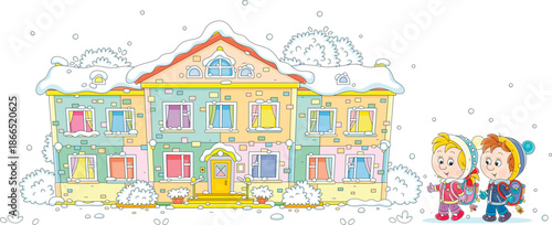 Happy little schoolboy and schoolgirl with their schoolbags friendly talking and going to school on a cold and snowy winter morning, vector cartoon illustration on white