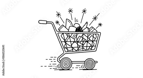 Shopping Cart Filled with Fireworks Exploding.