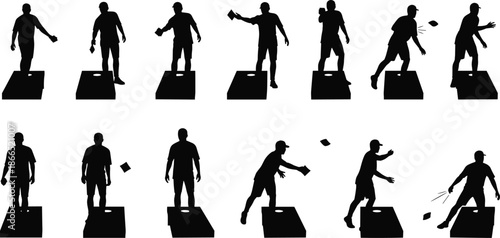 cornhole, player, silhouette, throw, pose, motion, sequence, beanbag, platform, black, white, icon, illustration, vector, design, symbol, game, technique, balance, action