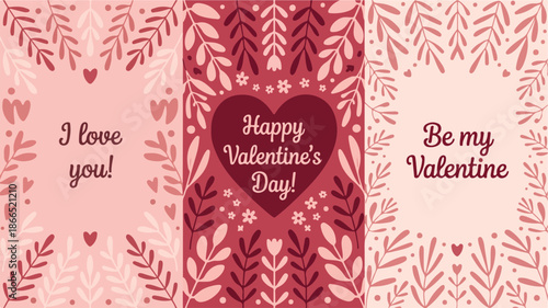 Valentines day greeting card set with floral hearts love you happy valentines day illustration