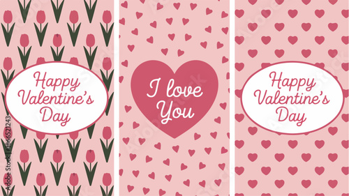Happy valentines day greeting card set with hearts flowers and love messages illustration