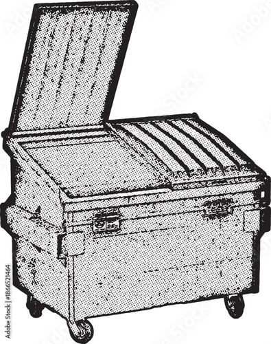 Industrial Metal Waste Dumpster Illustration, of a commercial waste container with an open lid. Features swivel wheels and a grimy, textured metal finish typical of industrial refuse bins.