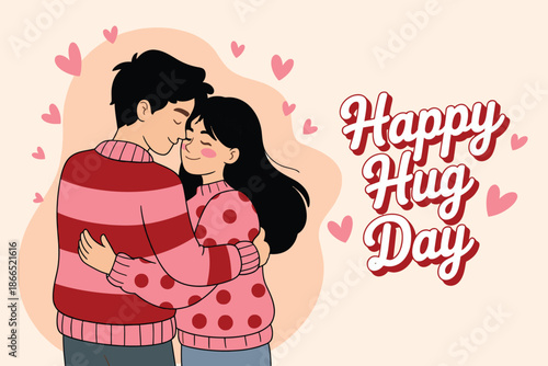 A loving couple embraces warmly on happy hug day, surrounded by hearts illustration