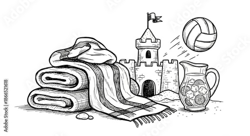 Beach Towels Castle Volleyball Pitcher Illustration.