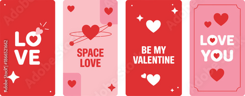 Valentines day love greeting card set with hearts typography and romantic messages illustration
