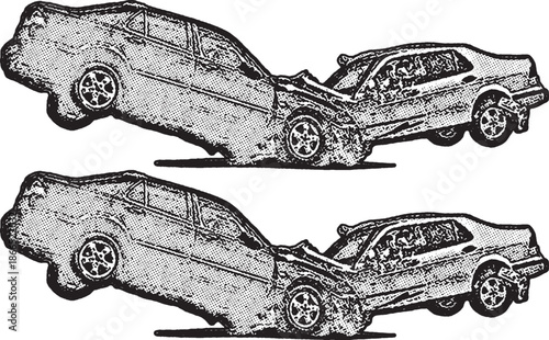 Head-On Car Collision Accident Sketch Illustration, A dramatic black and white illustration of two cars crashing head-on. The impact causes the rear of one vehicle to lift, featuring high-contrast