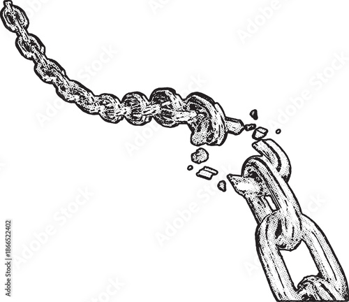 Breaking Metal Chain Links Concept Illustrationintage drawing of a heavy metal chain snapping. Shards of metal fly as the link breaks, symbolizing freedom, liberation, failure, or a weak link.