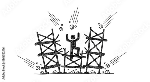 Man Standing on Crashing Roller Coaster Structure.