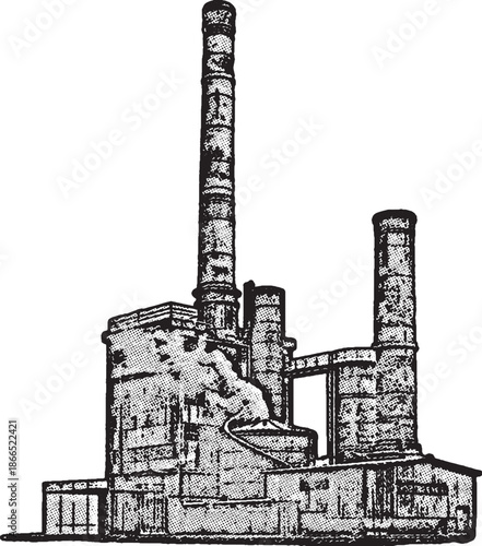 Vintage Industrial Factory with Smoke Stacks Illustration, Features tall chimneys, pipes, and smoke emissions with a weathered, mechanical texture on a white background.