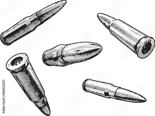 Scattered Rifle Ammunition Vintage Engraving Style, The graphic features metallic stippling and shading, depicting ammunition at various angles for tactical or historical themes.