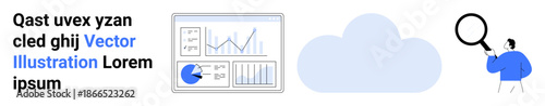 Dashboard with charts, cloud icon, person analyzing with magnifying glass. Ideal for analytics, cloud computing, business insight, research, data visualization, technology simple landing page
