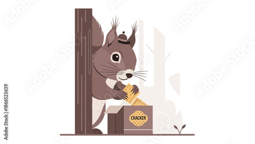 Funny Squirrel Wearing Hat Stealing Crackers From Box At Forest Scene