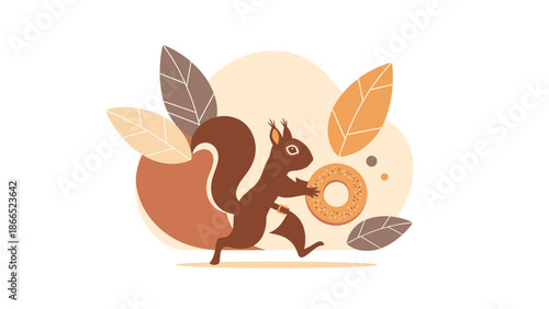 Funny Squirrel Running with Donut Dessert Cartoon Illustration Design