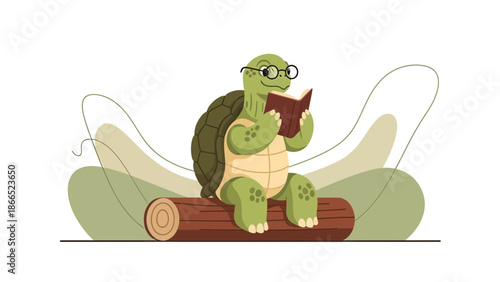 Funny Turtle Reading Book Sitting On Log In A Peaceful Environment