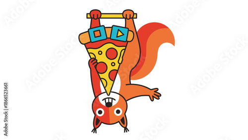 Funny Squirrel Hanging Upside Down With Pizza Slice And Wearing Sunglasses