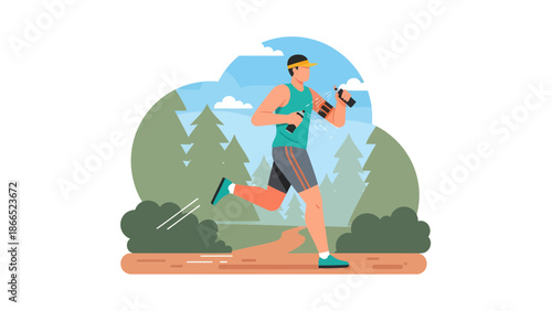 Focused Athlete Man Runs Through Natural Landscape During Intense Training Session