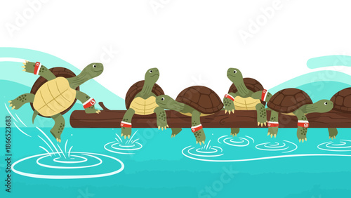 Funny Turtles Teamwork Over Water Illustration In Cartoon Style With Sport Band