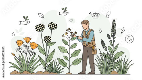 Gardener Arranging Plants In His Garden With Gardening Icons Around Him