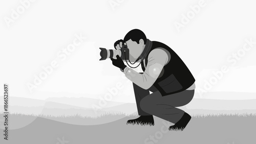 Focused Photographer Capturing Moments In Nature On Grayscale Landscape