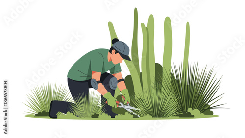 Gardener Trimming Plants With Pruning Shears For Yard Or Garden Upkeep