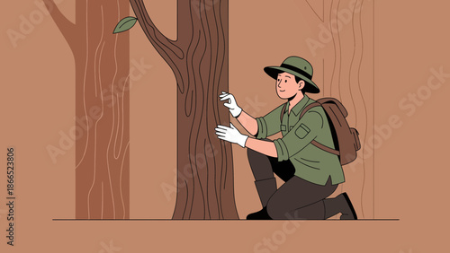 Forest Ranger Examining Tree Bark For Diseases Or Pests In A Dense Wooded Area