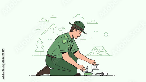 Forest Ranger Preparing First Aid Kit With Mountains And Camping Tent Background