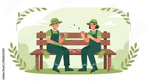 Gardeners Taking A Break And Playing Cards On A Bench After Work
