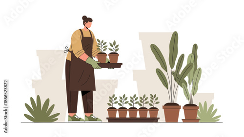 Gardening Enthusiast Caring For Her Plants In A Greenhouse Environment
