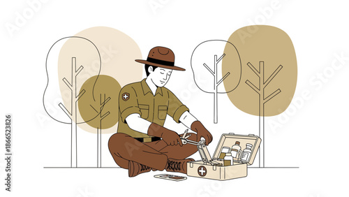 Forest Ranger Provides First Aid In The Wilderness With Essential Supplies