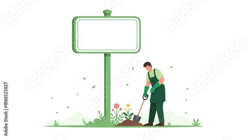 Gardener Working Underneath A Blank Sign Ready To Be Personalized Vector