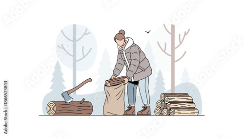 Gathering Firewood In The Woods Preparing For Winter Season Illustration