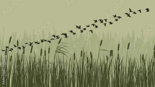 Geese Flying In Formation Over Wetland Landscape Vector Illustration