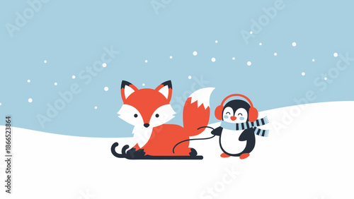 Fox And Penguin Sledding On A Snowy Day Winter Graphic Illustration