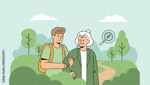 Generational Walk Young Man Helping Older Woman Outdoor Togetherness