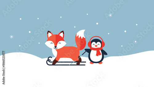 Fox And Penguin Enjoying Winter Fun On Sledge In Snowy Scenery Backdrop