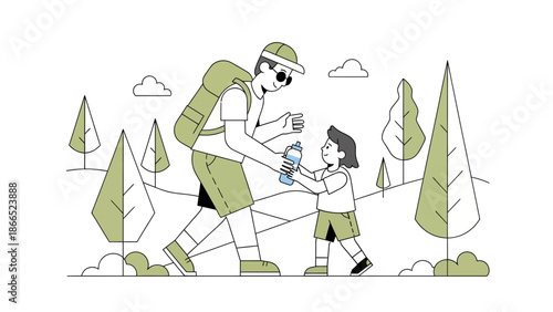 Generous Dad Offering Water To Son During Outdoors Hike Adventure Journey