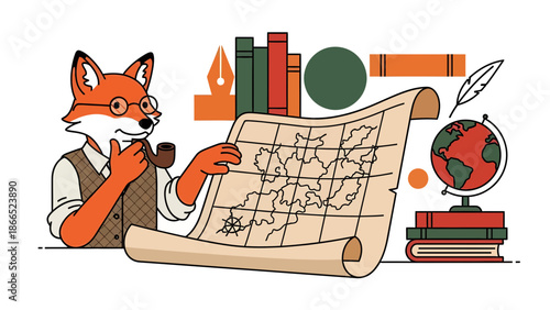 Fox Anthropomorphic Character Exploring Ancient Map With Educational Props Around