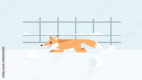 Geometric Fox Playing In Winter Wonderland Cartoon Vector Illustration