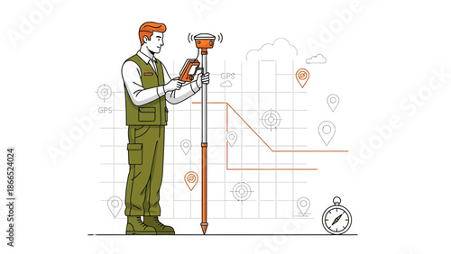 Geospatial Data Collection Illustration Using Surveying Equipment And Compass Icon