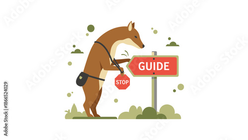 Fox Tourist Seeking Direction On A Trail And Holding A Stop Sign In The Forest