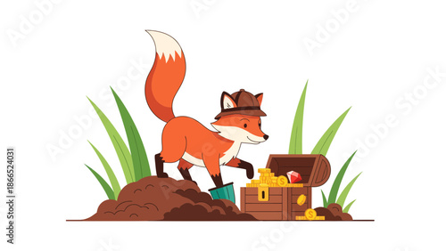 Fox Treasure Hunter Cartoon With Treasure Chest and Gold Coins Illustration