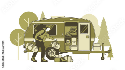 Getting Ready For An Adventure Man Prepares Gear At Camper For Outdoors