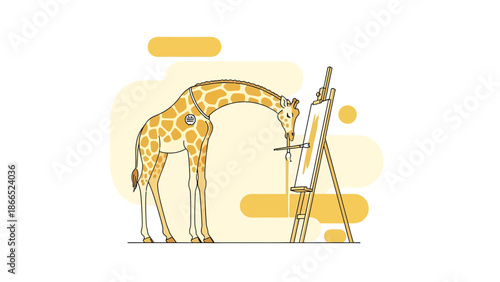 Giraffe Artist Painting On Canvas With Long Neck And Focused Expression