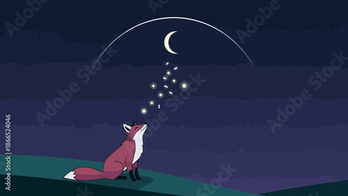 Fox Under Moonlight Stargazing Night Scene In Cartoon Illustration Style