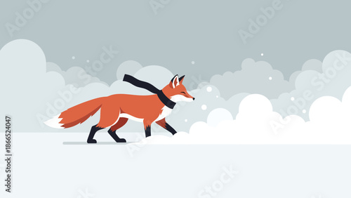 Fox In Winter Scarf Strolling Through Snowy Landscape Illustration
