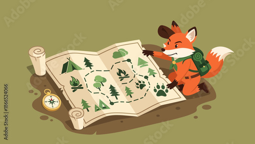 Fox Scout Leader Navigating Expedition Map In Wilderness Vector Illustration