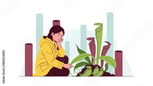 Girl Admiring Pitcher Plants In Her Home Garden Hobby And Care Illustration